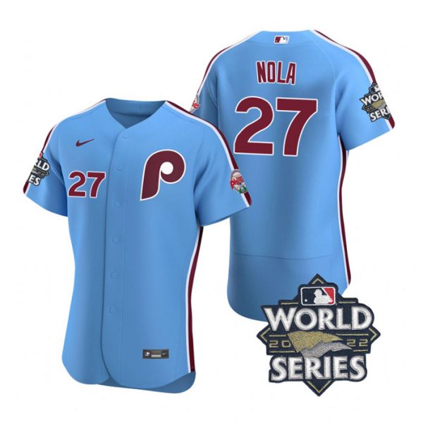 Phillies 27 Aaron Nola Blue Nike 2022 World Series Flexbase Jersey->philadelphia phillies->MLB Jersey